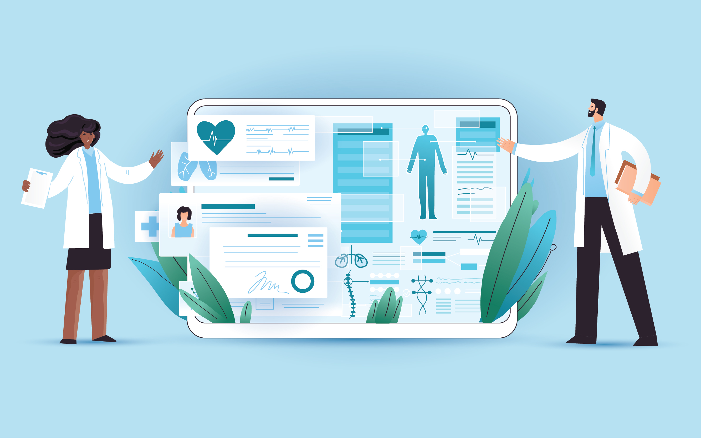 Illustration of doctors and computer screen