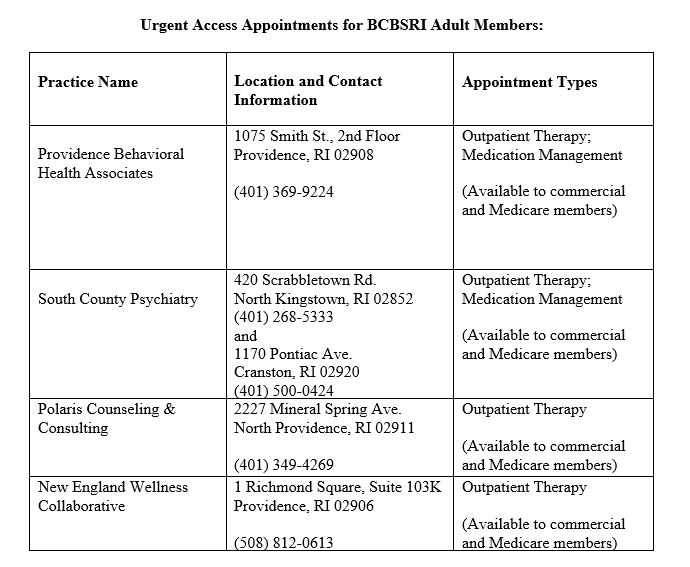 Urgent access appointments for adult members