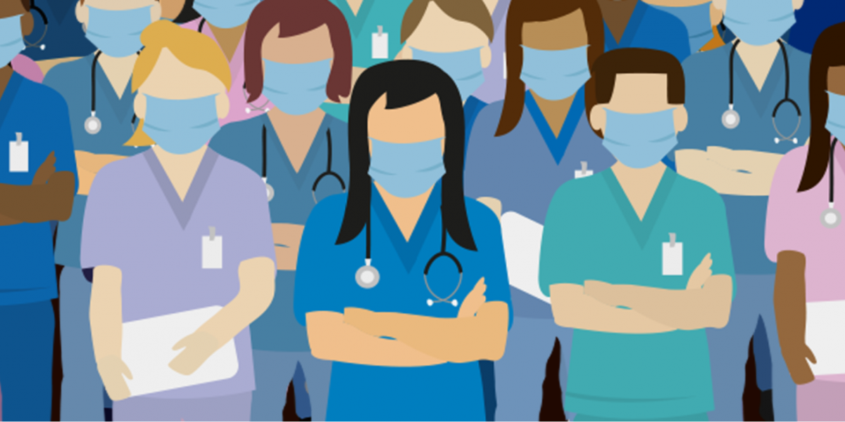 group of nurses wearing masks and standing next to each other with their arms crossed
